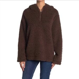 Forgotten Grace Women's Brown Quarter-Zip Hooded Teddy Pullover, size Large